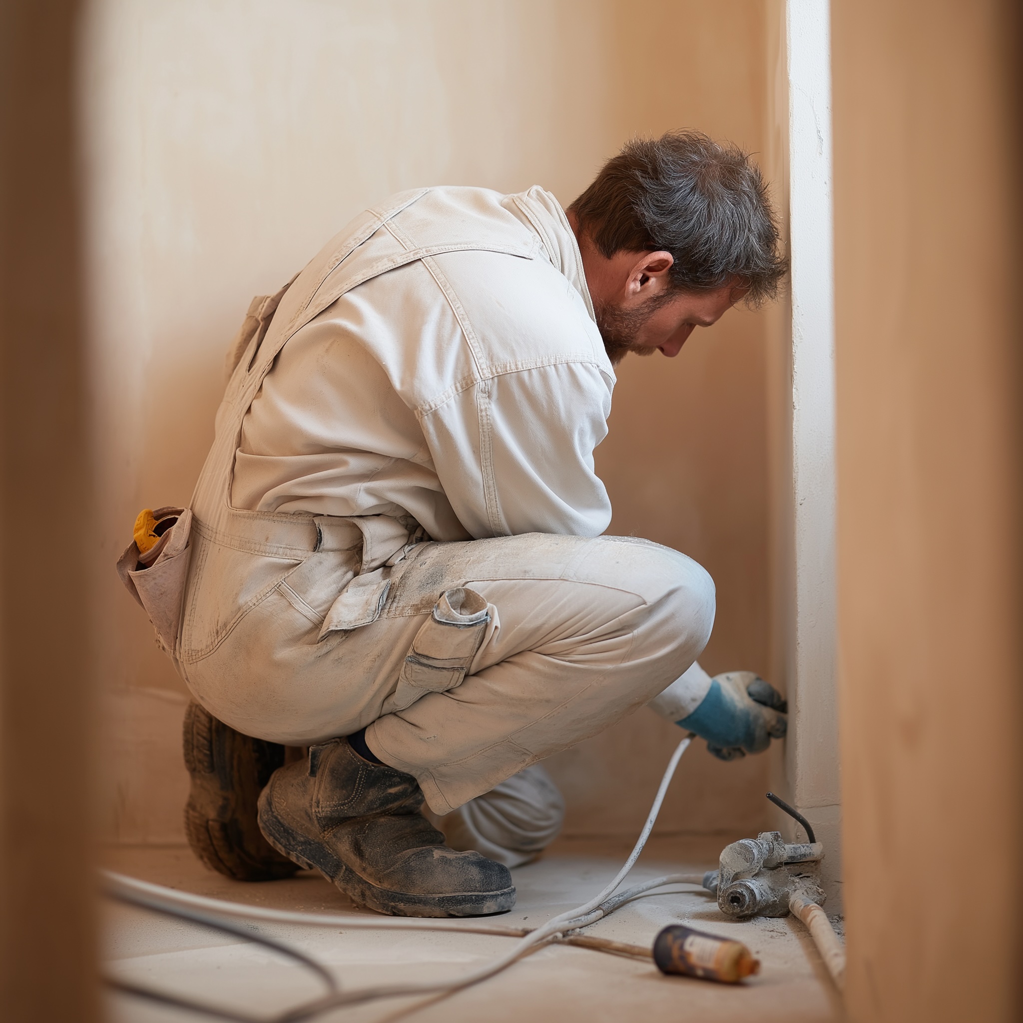 Local home service professional inspecting a wall